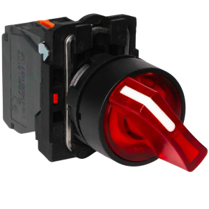 Переключатель LA37-B5K201RM5KP, тип 1-2, 1NC, 3A(240VAC), красная рукоятка, подсветка 230VAC с защитой от помех, фронт IP66 фото