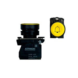 Кнопка LA37-B5A10YP-BU, 1NO, 3A(240VAC), желтая с символом "колокольчик", фронт IP66 фото