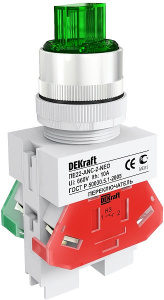 Переключатель ПЕ22-ANC-3-GRN-NEO, тип 1-0-2, 2NO, зеленая рукоятка, подсветка 230VAC, фронт IP54 фото