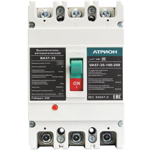 Выключатель автоматический BA57-35-250, 100A, 3P, 400VAC, 35kA, Ii=10*In, термомагнитный, фиксированный фото