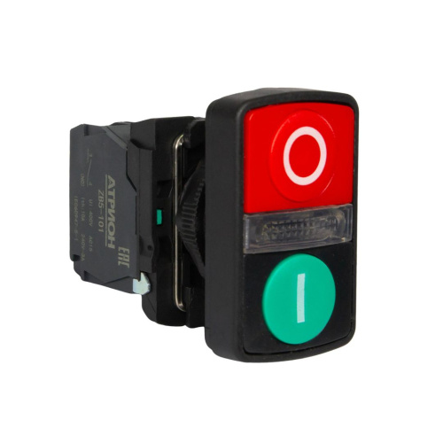 Кнопка двойная LA37-B5W71WBDP, 1NO+1NC, 3A(240VAC), зеленая "I" START и красная "O" STOP, LED подсветка 24VAC/DC, фронт IP66 фото